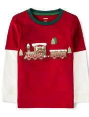 Boys Embroidered Train Layered Top - Gingerbread House
