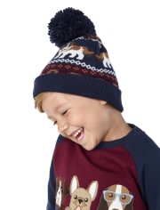 Boys Embroidered Dog Pom Pom Hat - Playful Pups