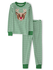 Unisex Striped Reindeer Snug Fit Cotton Pajamas - Gymmies