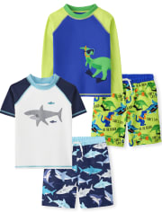 Boys Dino Rashguard, Dino Swim Shorts, Shark Rashguard And Shark Swim Shorts Set - Splish-Splash