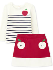 Girls Striped Apple Top And Applique Apple Ponte Skort Set - Head of the Class