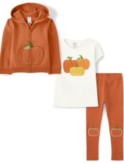 Girls Pumpkin Zip Up Hoodie, Embroidered Pumpkin Top And Embroidered Pumpkin Leggings Set - Perfect Pumpkin