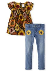 Girls Sunflower Ruffle Top And Sunflower Denim Pants Set - Autumn Harvest