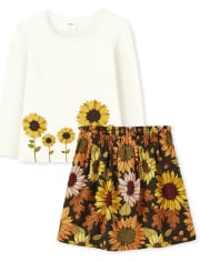 Girls Embroidered Sunflower Top And Sunflower Skort Set - Autumn Harvest