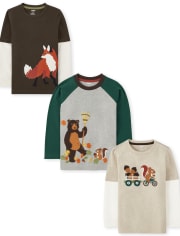 Boys Fox Layered Top, Chipmunk Layered Top And Embroidered Bear Raglan Top 3-Pack - Autumn Harvest