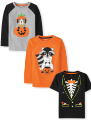 Boys Embroidered Raccoon Mummy Top, Embroidered Skeleton Top And Embroidered Dog Raglan Top 3-Pack - Trick or Treat