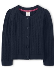 Girls Cable Knit Cardigan, Ruffle Polo with Stain Resistance And Pleated Jumper with Stain and Wrinkle Resistance Set - Uniform
