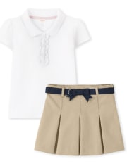 Girls Ruffle Polo with Stain Resistance And Pleated Skort with Stain and Wrinkle Resistance Set - Uniform