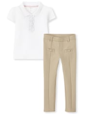 Girls Ruffle Polo with Stain Resistance And Bow Ponte Jeggings Set - Uniform
