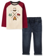 Boys Embroidered S'more Raglan Top And Pull On Jeans Set - S'more Fun