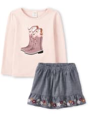 Girls Embroidered Cowgirl Boots Top And Embroidered Flower Skort Set - County Fair