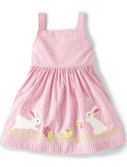 Girls Gingham Embroidered Bunny Dress - Spring Celebrations