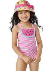 Girls Striped Embroidered Watermelon One Piece Swimsuit - Splish-Splash