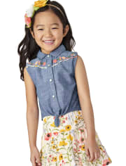 Girls Embroidered Floral  Chambray Tank Top - Country Trail