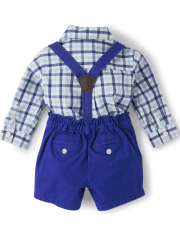 Baby Boys Dad And Me Plaid Button Up Bodysuit And Chino Shorts Set - Blue Belle