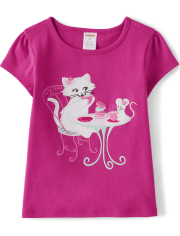 Girls Embroidered Cat Top - Time for Tea
