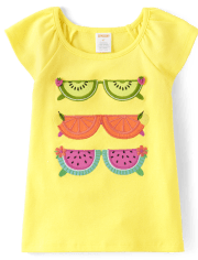 Girls Embroidered Sunglasses Flutter Top - Festive Fruit