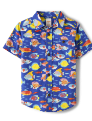 Boys Short Sleeve Fish Print Poplin Button Up Shirt - Splish-Splash