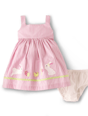 Baby Girls Gingham Embroidered Bunny Dress - Spring Celebrations