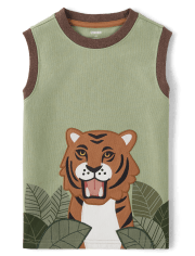 Boys Embroidered Tiger Tank Top - Safari