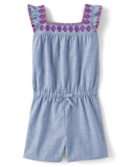 Girls Embroidered Shapes Chambray Romper - Island Spice