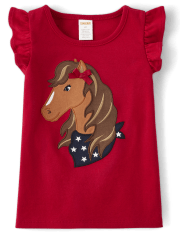 Camiseta sin mangas con aleteo de caballo bordado para niñas - American Cutie