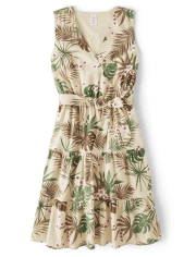 Womens Matching Family Palm Tiered Dress - Safari