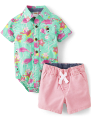 Bébé Garçons Famille assorti Flamingo Button Up Body And Pull On coton chino Short Ensemble - Tropical Paradise