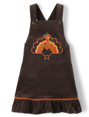 Girls Embroidered Turkey Corduroy Jumper - Happy Harvest