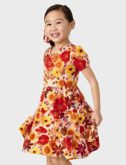 Vestido escalonado de franela floral para niñas mamá y yo - Happy Harvest