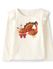 Haut à volants brodé à motif de dinde pour fille - Happy Harvest