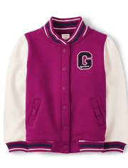 Girls Applique Patch Fleece Varsity Jacket - Prep School