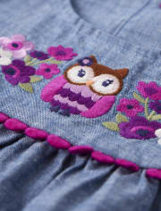 Girls Embroidered Owl Chambray Peplum Top - Magical Meadow