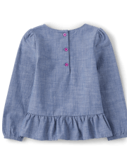 Girls Embroidered Owl Chambray Peplum Top - Magical Meadow