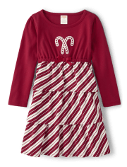 Girls Embroidered Candy Canes Ruffle Tiered Dress - A Royal Christmas