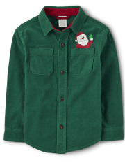 Boys Embroidered Santa Corduroy Button Up Shirt - Very Merry