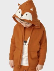 Unisex Embroidered Fox Fleece Zip-Up Hoodie - Friendly Fox