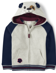 Boys Embroidered Dog Fleece Zip-Up Hoodie - Prep School