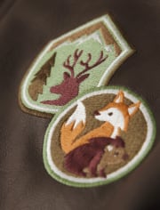 Boys Embroidered Patch Faux Leather Bomber Jacket - Enchanted Forest