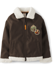 Boys Embroidered Patch Faux Leather Bomber Jacket - Enchanted Forest