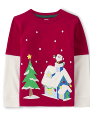 Boys Embroidered Christmas Scene Layered Top - Very Merry