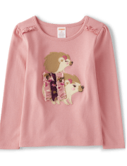 Girls Embroidered Hedgehog Ruffle Top - Enchanted Forest