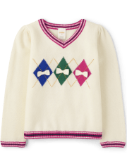 Girls Intarsia Argyle V-Neck Sweater - Prep School