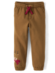 Pantalones jogger de forro polar con renos bordados para niños - Cabina de Navidad