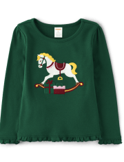 Girls Embroidered Rocking Horse Ruffle Top - Nutcracker