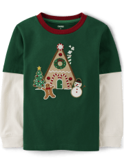 Boys Embroidered Gingerbread House Layered Top - Christmas Cabin