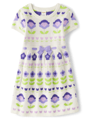 Girls Intarsia Floral Fairisle Sweater Dress - Lovely Lavender