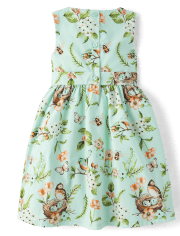 Girls Floral Bird Bow Poplin Fit And Flare Dress - Signs of Spring