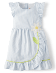 Girls Embroidered Daisy Seersucker Ruffle Dress - Spring Celebrations