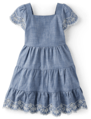 Girls Eyelet Chambray Tiered Dress - Prairie Fields